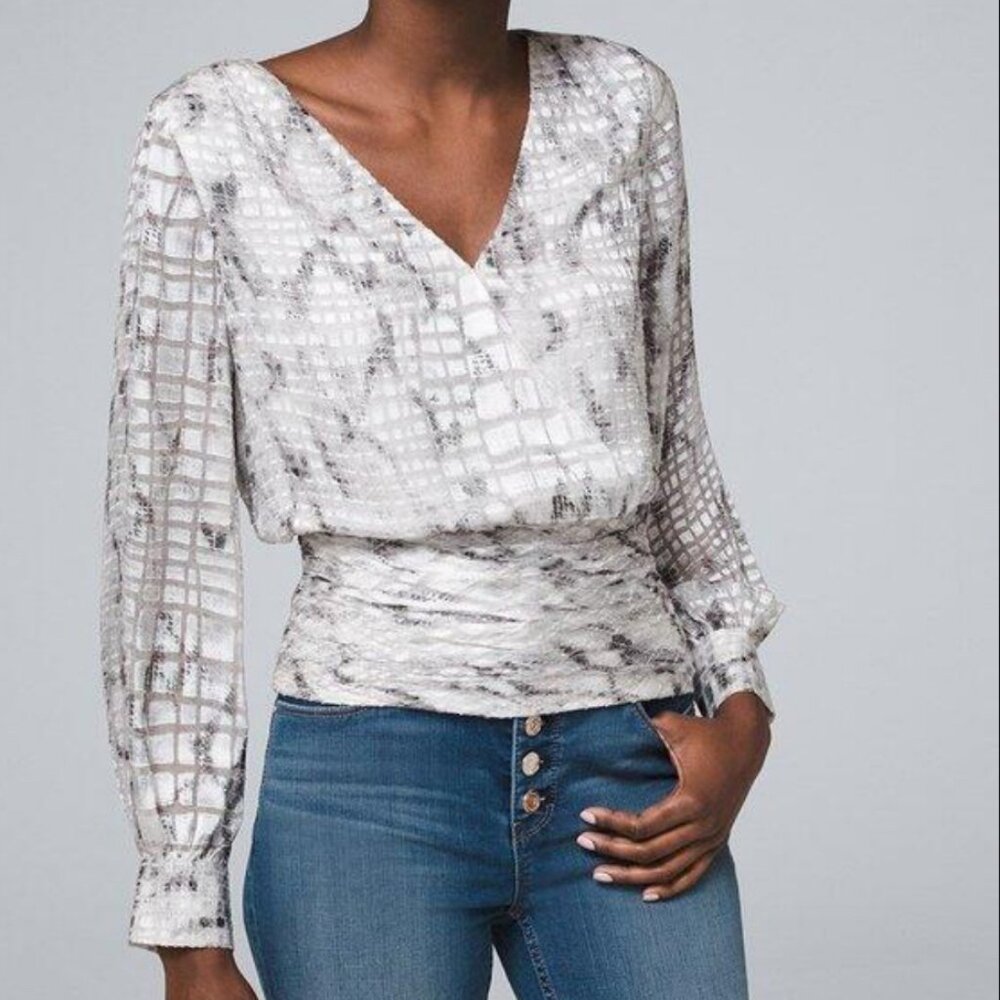 *NWT* WHBM | Plains Snake Gray Burnout Silk-Blend LA Surplice Top